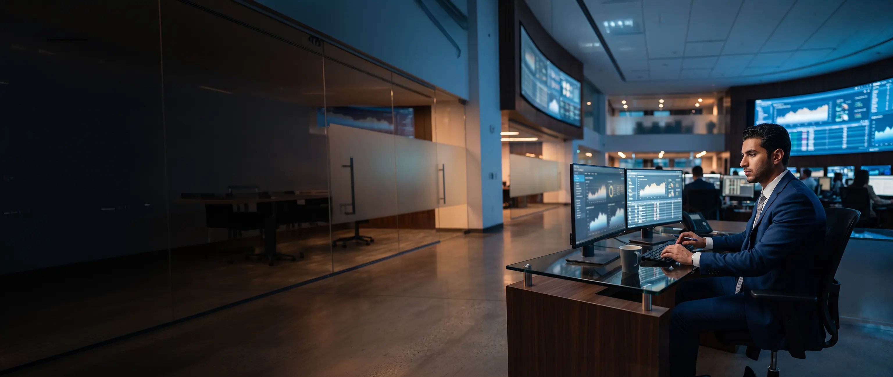 A businessman in a formal suit sitting in front of multiple computer monitors displaying financial data and charts in a modern control room, representing the regulatory framework and strict monitoring for Anti-Money Laundering (AML) at National Bonds.