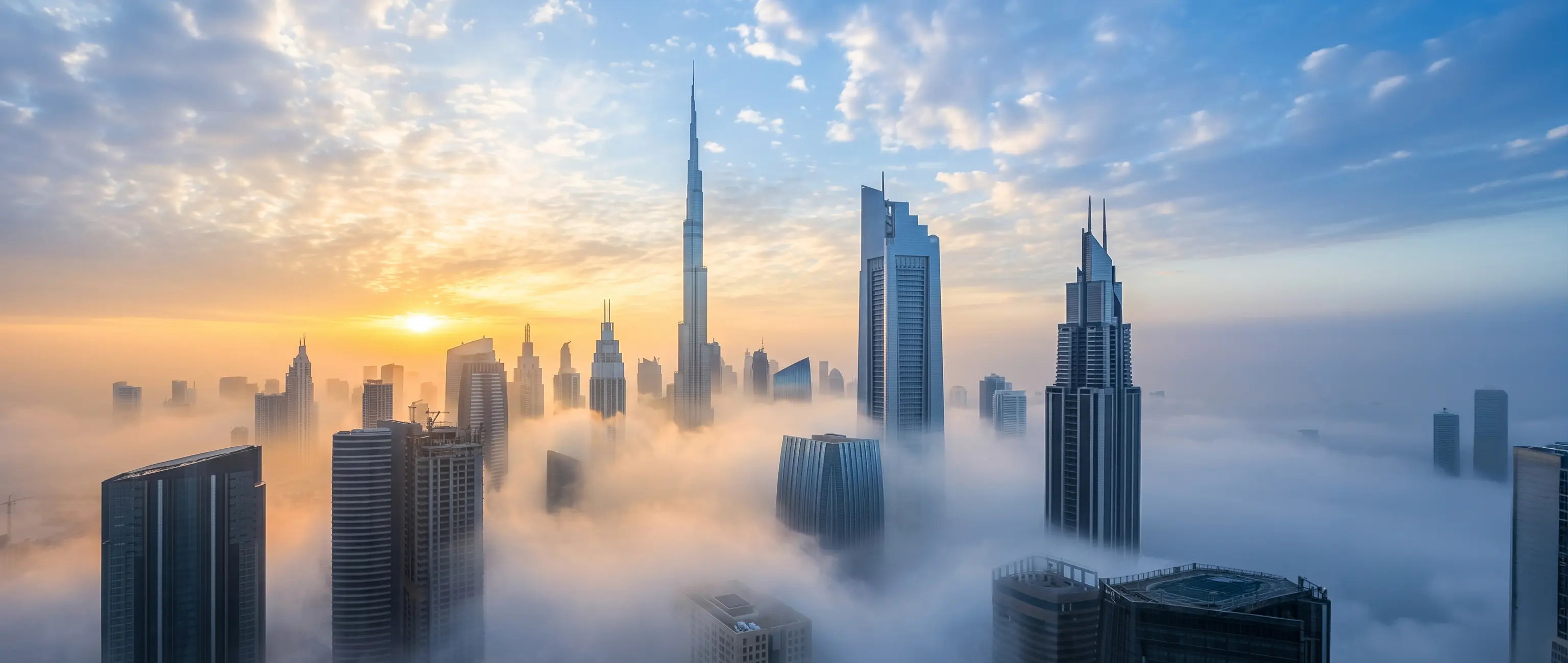 شروق شمس خلاب على أفق مدينة دبي يرتفع فوق السحاب، مما يرمز إلى الرؤية الواضحة والمستقبل المشرق والتراث الإماراتي الأصيل الذي تكتشفه عندما تتعرف على الصكوك الوطنية.