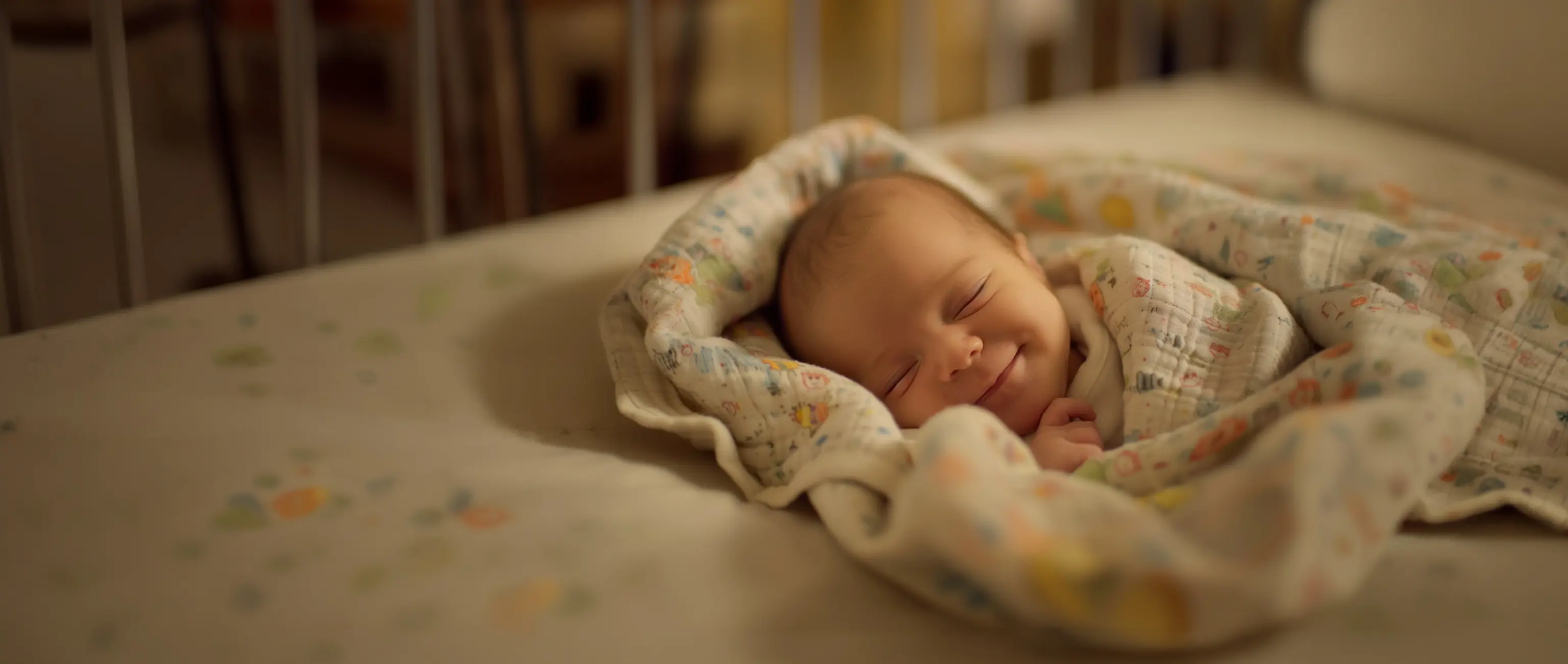 A peacefully sleeping and smiling newborn baby in a crib, representing a secure future with the Junior Millionaire account from National Bonds.
