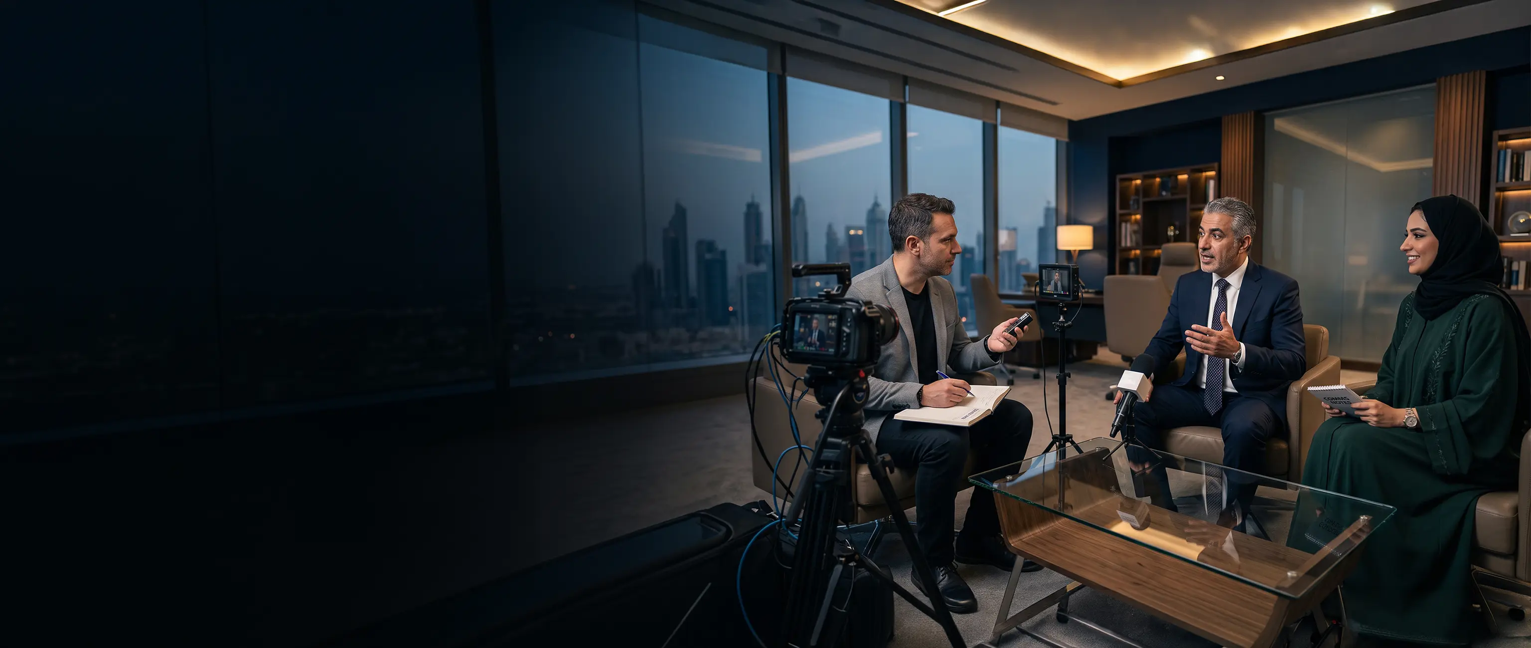 National Bonds executives participating in a media interview for corporate press releases in a Dubai office.